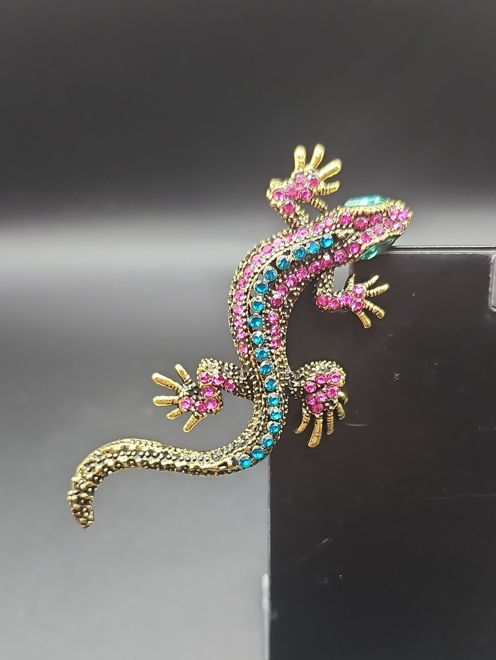 Gold-tone Pink & Teal Rhinestone Lizard Brooch - Brand